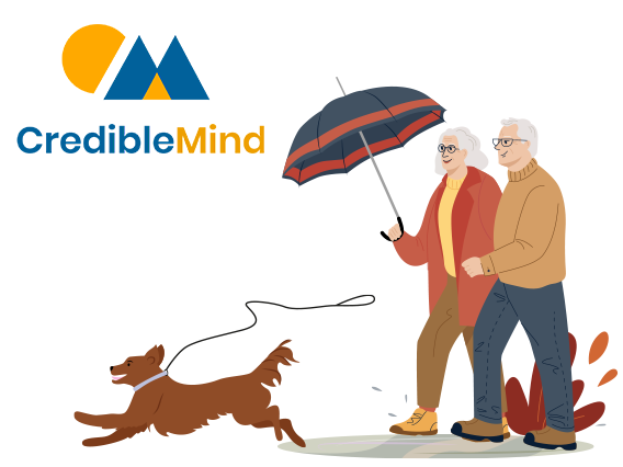 Illustration of an elderly couple with an umbrella and a dog with a leash