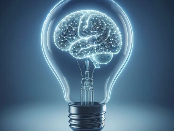 A glowing light bulb containing a digital brain, symbolizing emotional intelligence and innovation.
