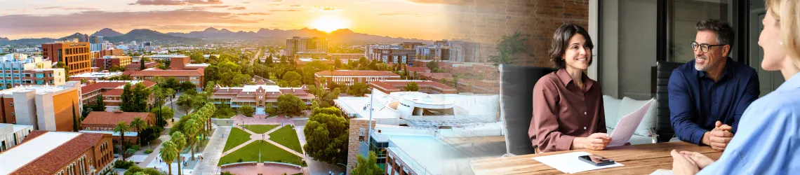 Campus view outside merged with an office scene with three people sitting around a table