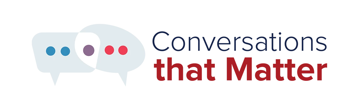 Logo featuring overlapping speech bubbles with colored dots and text reading 'Conversations that Matter' representing meaningful dialogue and communication