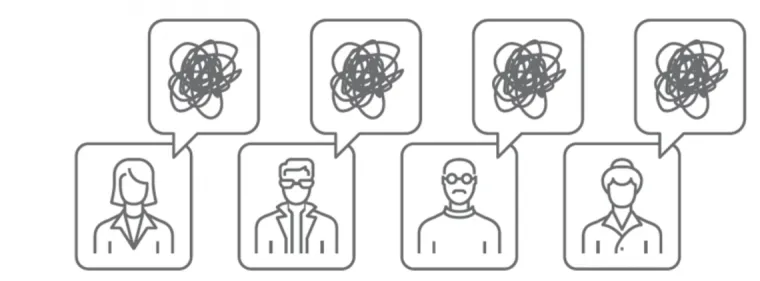 Illustration of 4 people with speech bubbles with scribbles