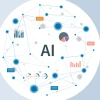 A circular network diagram illustrating AI connectivity and data flow. 